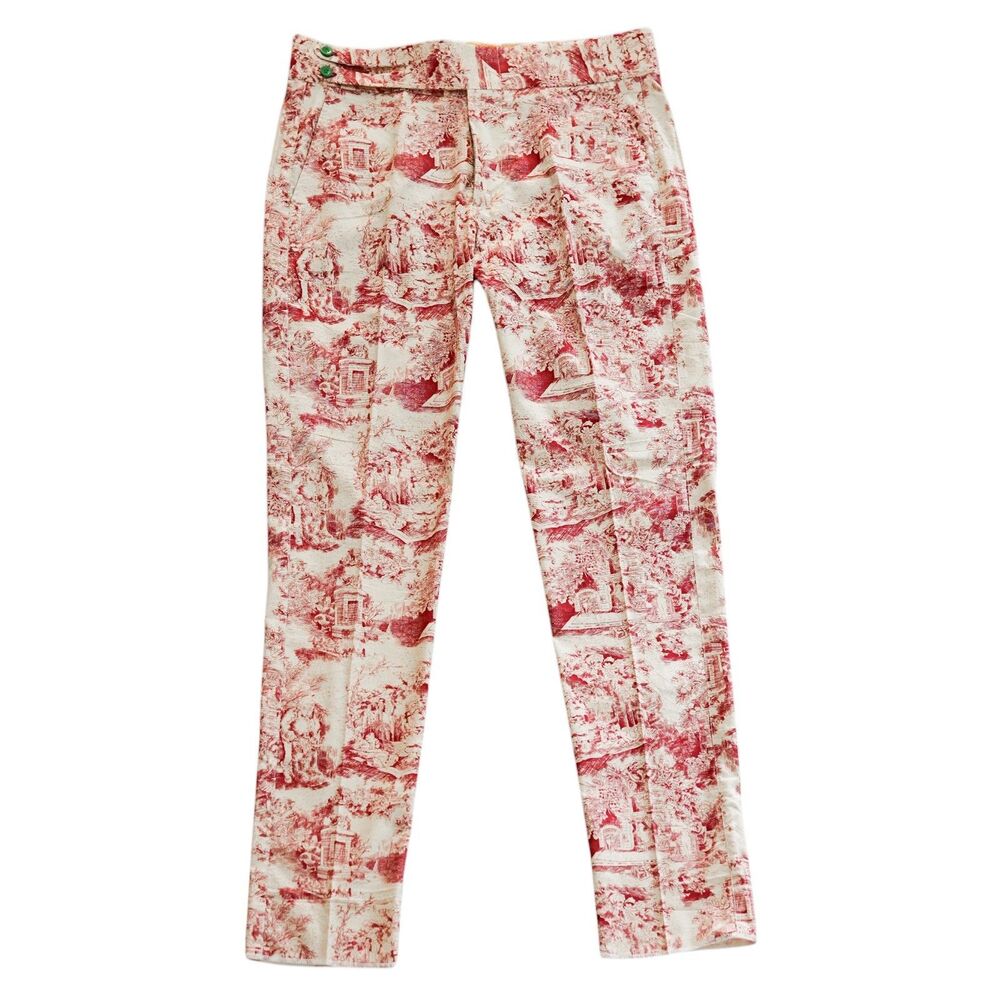 Mens 36 Red Cream Graphic Print Gurkha Pants Cotton Flat Front Slim Fit Trousers - Picture 3 of 6